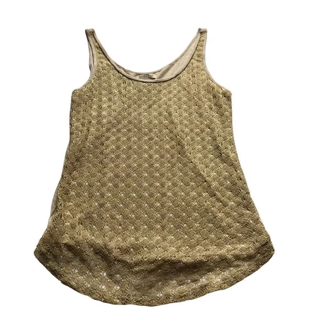 Lucky brand tank beautiful gold lacy glittery front beige back, lined XS